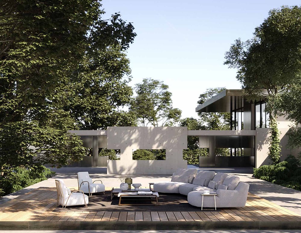 Outdoor sofas made with polyurethane foam and upholstered with white fabric.