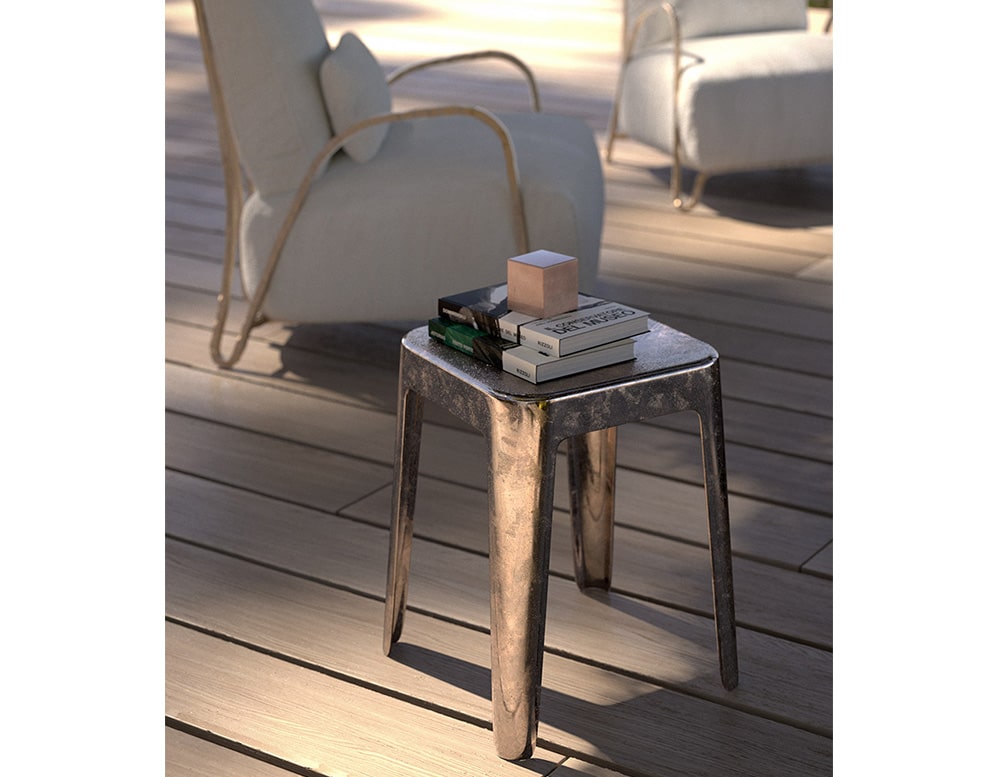 silver coffee table made of aluminum outside