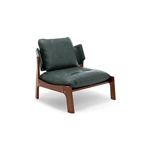 removable armchair made with brown wood and dark green leather.
