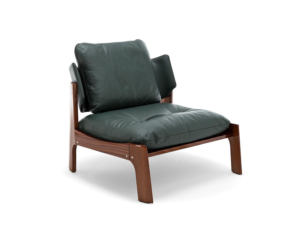 removable armchair upholstered in dark green leather with its backrest and base in light brown wood in a white background.