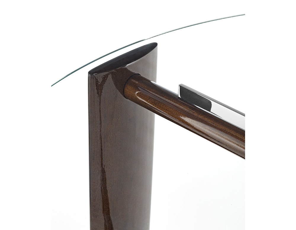 disassembly table with shiny brown wooden bases on a white top.