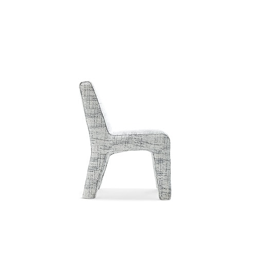 dining room chairs made of aluminum and upholstered with fabric and linear finishes in gray tones