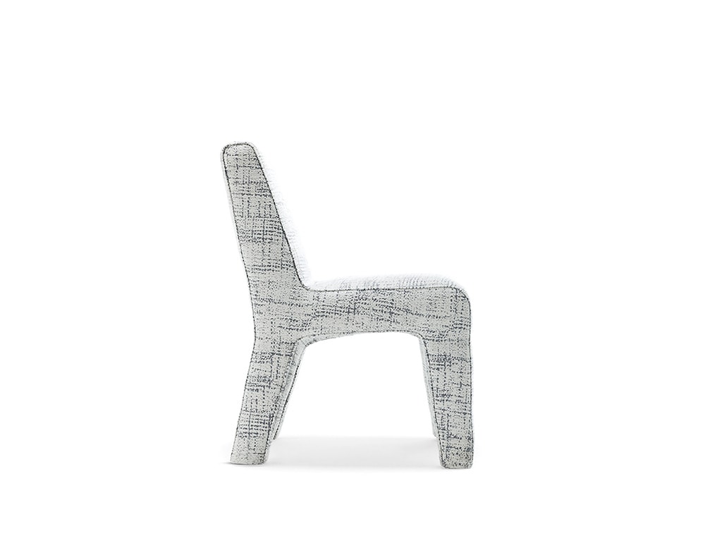 dining room chairs made of aluminum and upholstered with fabric and linear finishes in gray tones in a white background