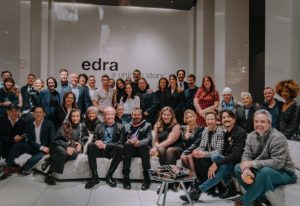 A gathering of design enthusiasts at Edra, celebrating creativity and innovation in contemporary furniture design