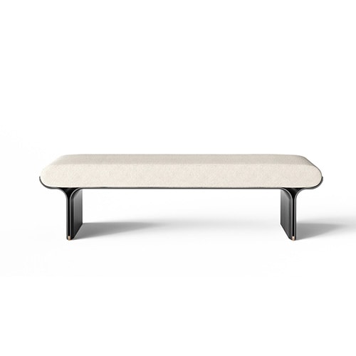 Bench with curved black stained ash base and bright brass details with a cushion covered by white fabric