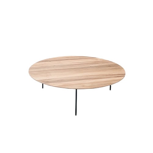 Minimalist round coffee table featuring a warm wood surface with elegant grain detail, elevated on slender dark legs for a refined and contemporary touch.