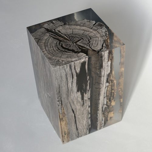 sculpture made with felt, resins and wood giving a shade of black and transparent colors