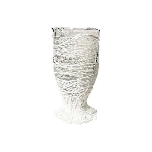 Vase in soft resin in clear white with lines in matt white color in a white background