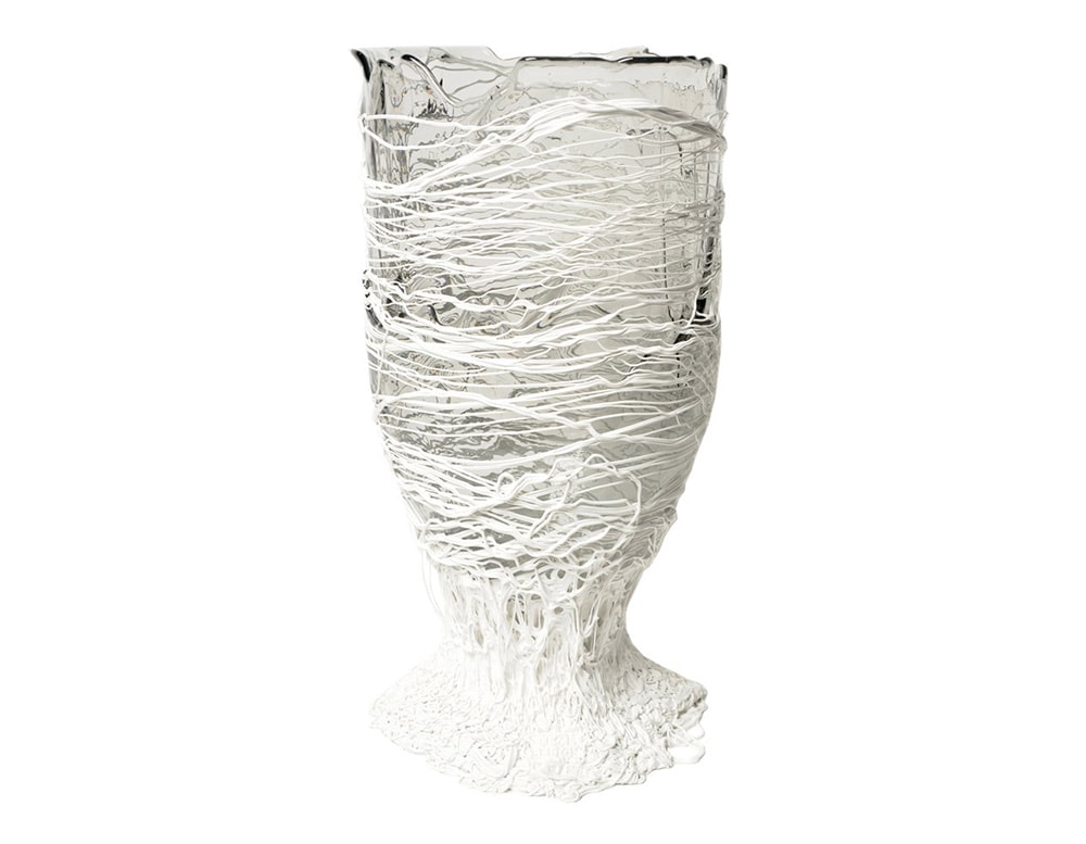 Vase in soft resin in clear white with lines in matt white color