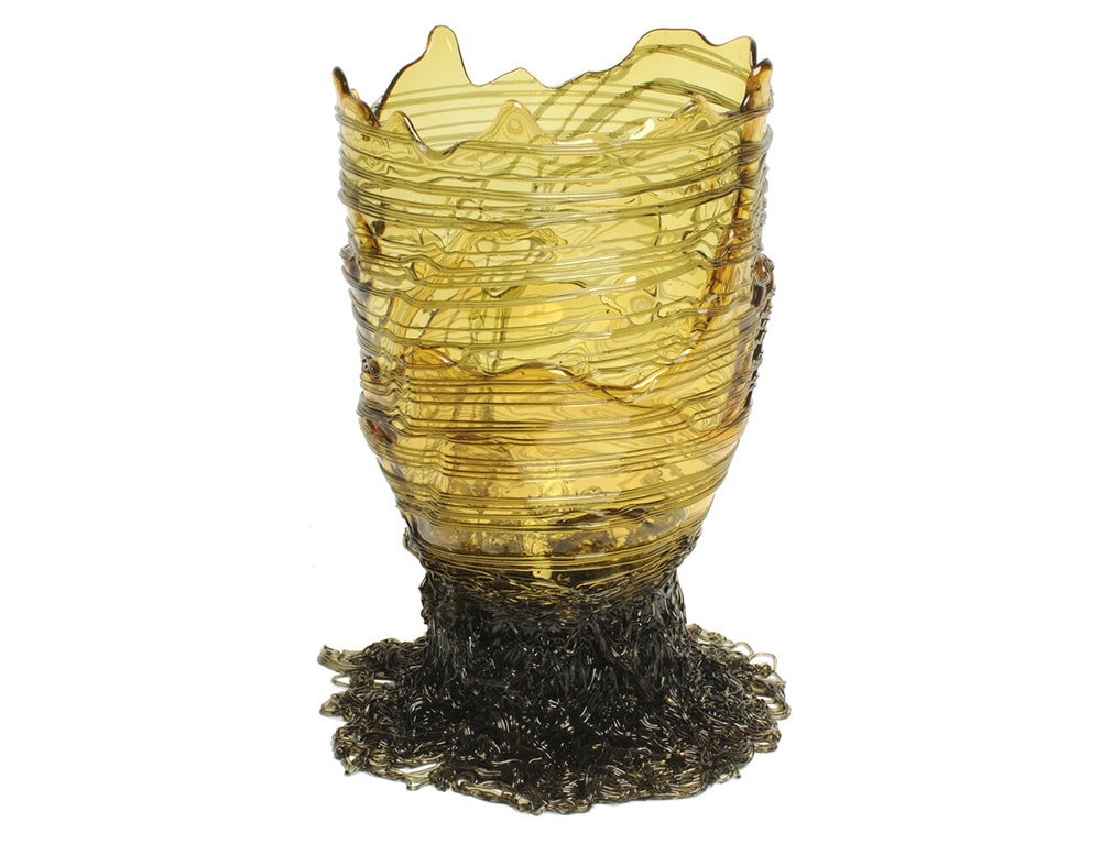 Vase in soft resin in clear yellow color with clear base grey color