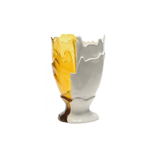 Vase in soft resin in half clear amber color and half matt white color