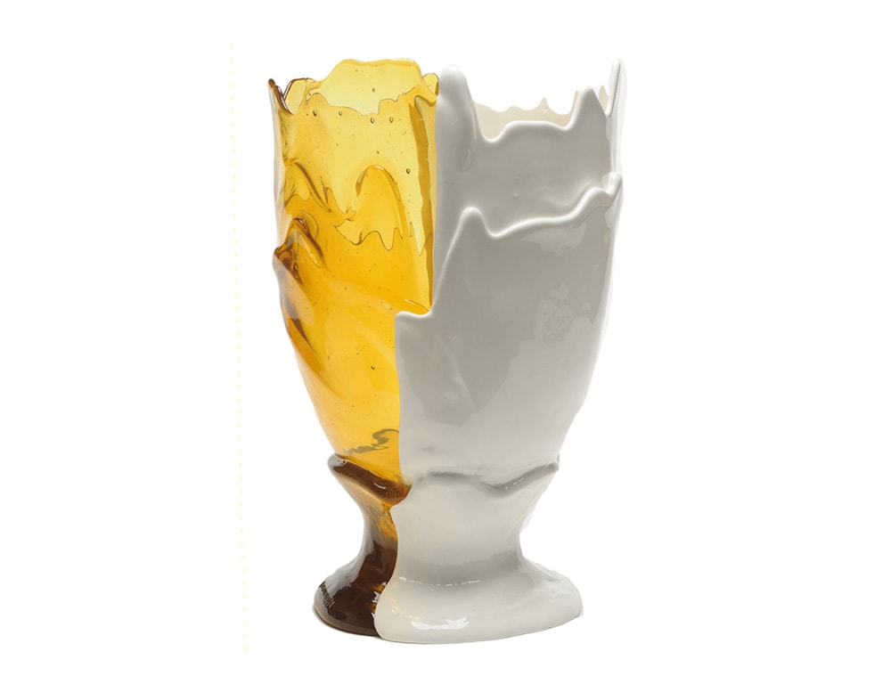 Vase in soft resin in half clear amber color and half matt white color