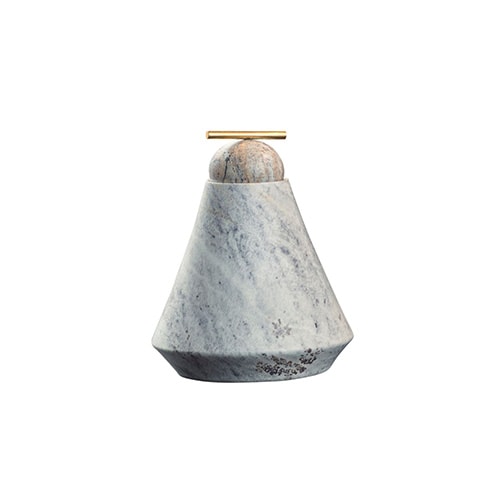 soapstone sculpture with lñaton finish and a pyramid shape on a white background.