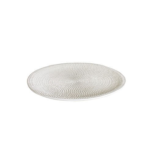 medium round white ceramic plate with circular finishes behind a white background.