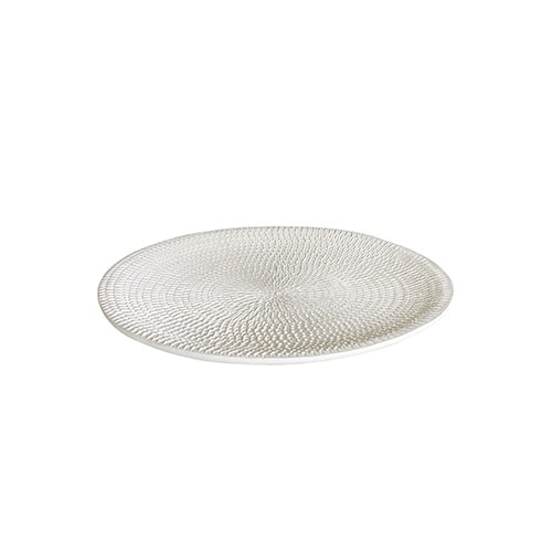 medium round white ceramic plate with circular finishes behind a white background.