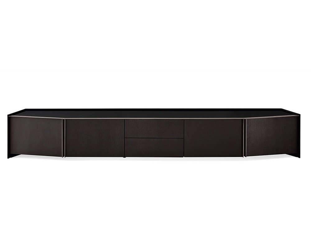 black sideboard with glass top and bronze lacquered metal finishes in a white background.