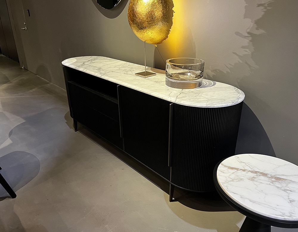 Black sideboard with doors, drawers and open module, marbled in white