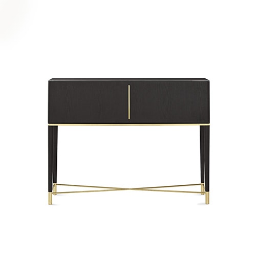 Writing desk with flap door in black wood with borders of satin brass lacquered metal parts