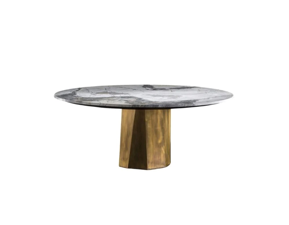 dining table with steel base and white marble top on a white background.