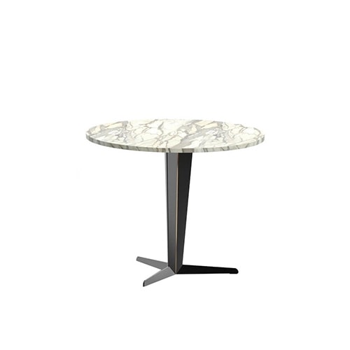 small table made of pewter base and top in Calacatta Gold marble finish on a white background