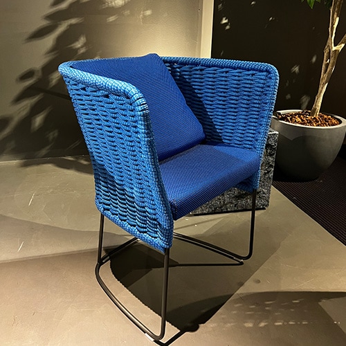 Mayan blue and dark outdoor dining chair with fixed cushions and steel base