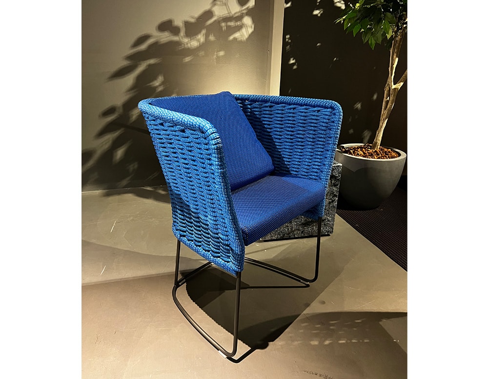 Mayan blue and dark outdoor dining chair with fixed cushions and steel base