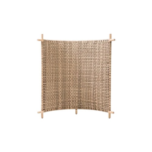 Handcrafted folding screen featuring an open-weave pattern that filters light while providing privacy. The structure is supported by smooth wooden posts, blending natural materials with simple elegance.