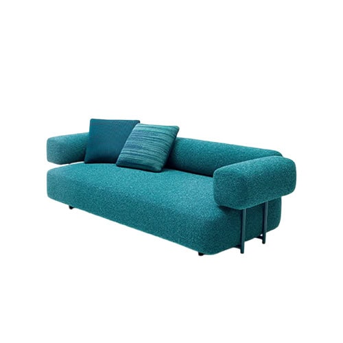 Modern teal sofa with bold cylindrical arms and slim black legs. Includes two accent pillows in coordinating shades, balancing geometric structure with soft comfort.