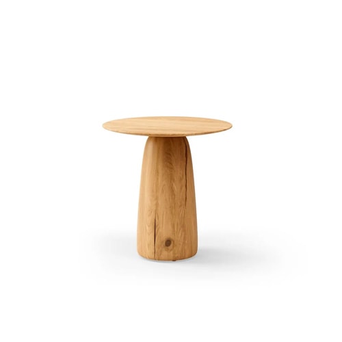 side table made of light brown wood with circle-shaped top in a white background