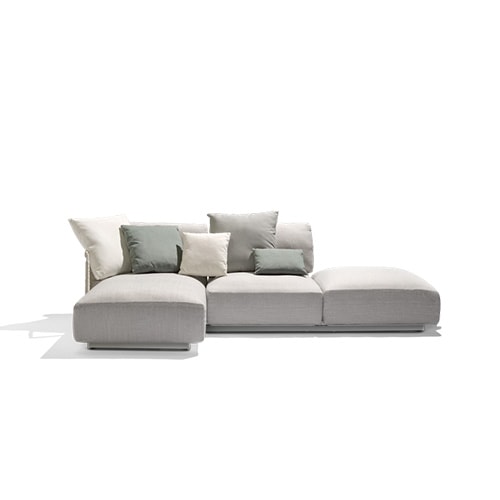 sofa made of steel base and upholstered in white and gray fabric
