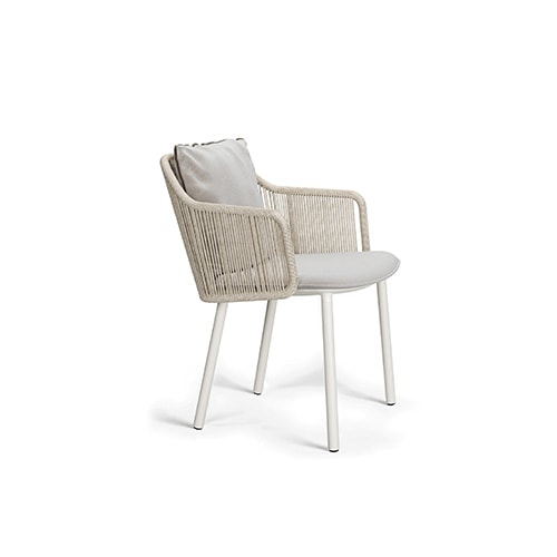 dining chair made with white teak wood and white powder coated aluminum