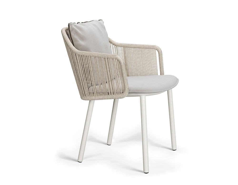 dining chair made with white teak wood and white powder coated aluminum in a white background