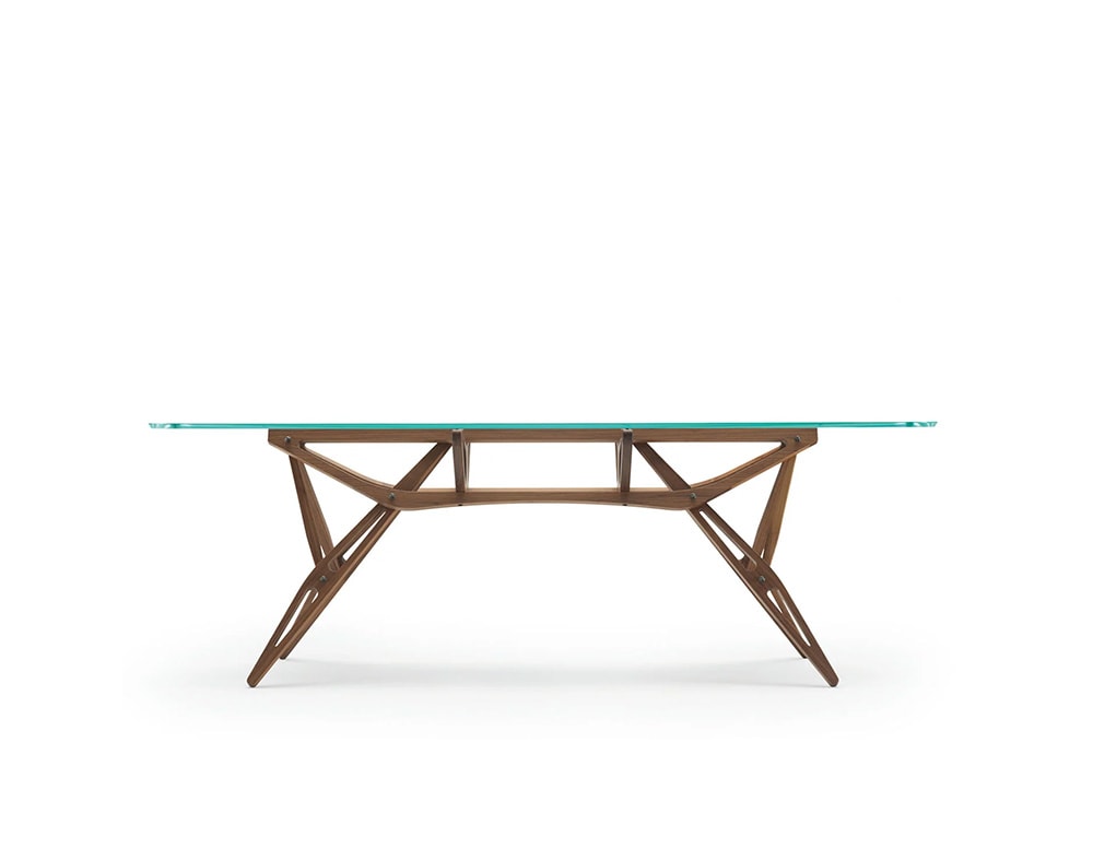 dining table made of thin brown wood and top in thick transparent glass