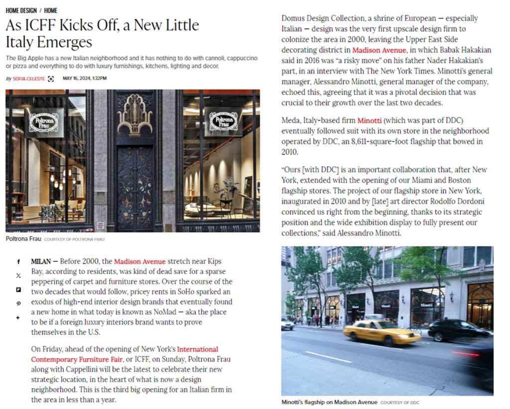 A magazine spread showcasing a luxury New York showroom with images of its storefront, interior, and a city street with a yellow taxi, highlighting its design, architecture, and influence in the industry.