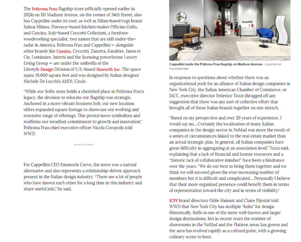 A two-page magazine spread featuring a design-focused article with a mix of black and red text, accompanied by a stylish interior photograph