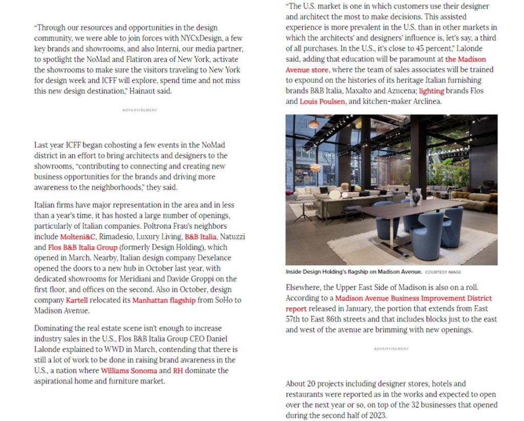 A magazine spread with columns of black and red text, accompanied by a photograph of a modern interior space with large windows and stylish furnishings