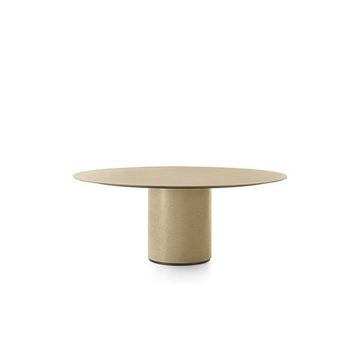 recycled cirstal table in a circular shape in a beige "sable" color tone on a white background