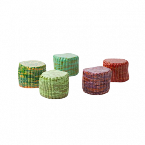 A playful set of side tables in organic shapes and vibrant colors, each with a textured surface that adds depth and character to any interior.
