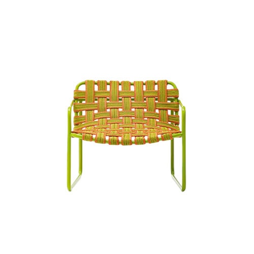 Vibrant chair featuring a bold woven seat in green and orange tones with a sleek metal frame adding a playful and modern touch to outdoor or indoor spaces.