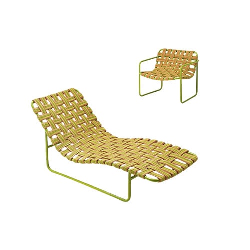 Outdoor lounge chair and armchair with woven straps in earthy tones, supported by slim green metal frames for a light and airy look.