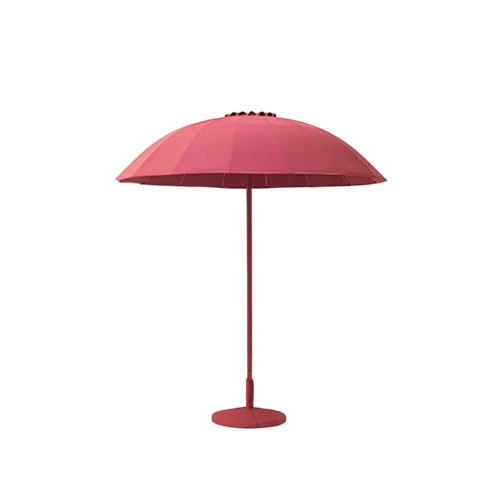 A bold and stylish outdoor umbrella in a rich pink tone, featuring a wide dome-shaped canopy that offers both shade and a striking visual accent to any patio or garden.