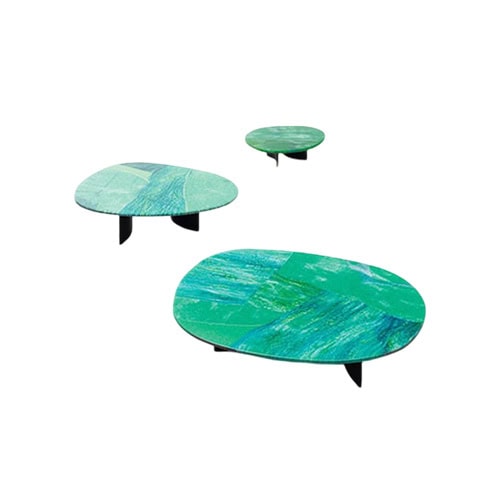 These striking side tables feature fluid green tops with rich textures set on minimalist dark legs, evoking natural landscapes and artistic elegance.