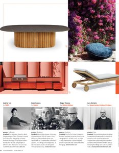 Collage featuring modern furniture designs, including a wooden table, a blue cushioned chair, a red interior space, and a sleek sun lounger, along with black and white portraits of designers