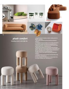 A design spread featuring contemporary furniture pieces, including plush stools with unique geometric shapes, modern seating arrangements, and a curated selection of stylish decor elements in warm, neutral tones