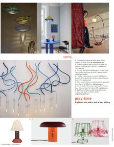 A design collage featuring modern lighting installations, including artistic chandeliers with colorful, flowing wires, contemporary floor and table lamps, and stylish interior settings showcasing innovative lighting concepts