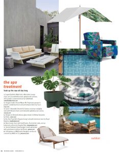 A collage showcasing outdoor furniture, including a beige sectional sofa with a coffee table, a patterned blue armchair, tropical plants, and scenic landscape photography featuring lush greenery and water views