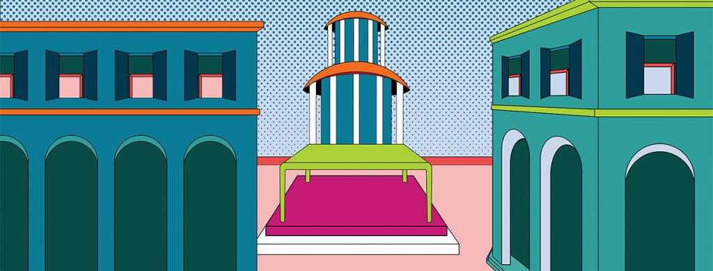 A vibrant and abstract digital illustration featuring geometric architecture with bold colors, striped towers, and a stylized perspective.