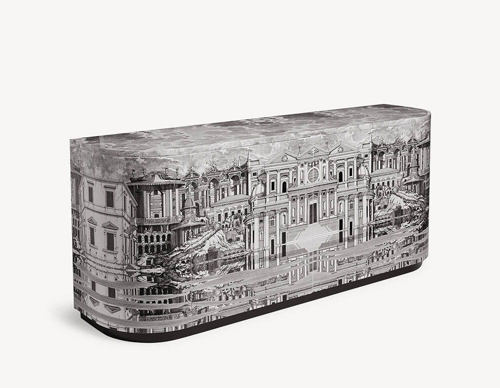 Double Buffet Sideboard with two doors. Outside buildings pattern, red color inside on a white background.