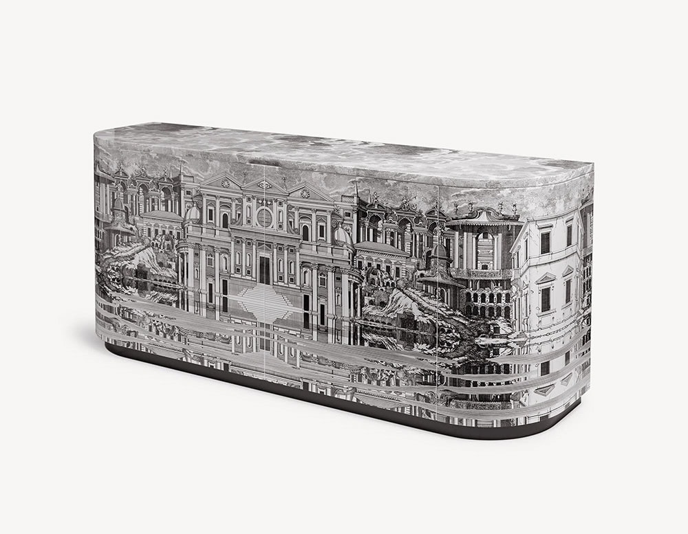 Double Buffet Sideboard with two doors. Outside buildings pattern, red color inside on a white background.