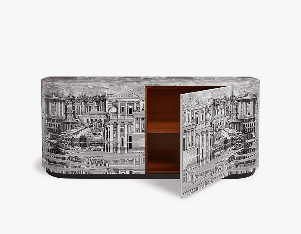 Double Buffet Sideboard with two doors. Pattern of buildings exterior, red color inside on a white background.